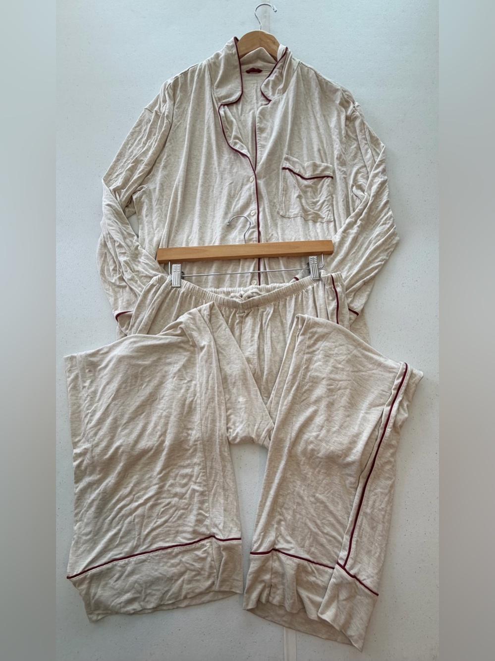 aerie Cream Pajama Set with Burgundy Trim - Picture 1 of 7